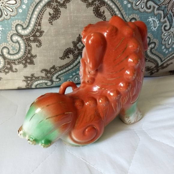 Rare Antique Female Hand-painted Orange & Green Chinese Feng Shui Foo Dog Lion - Picture 5 of 12